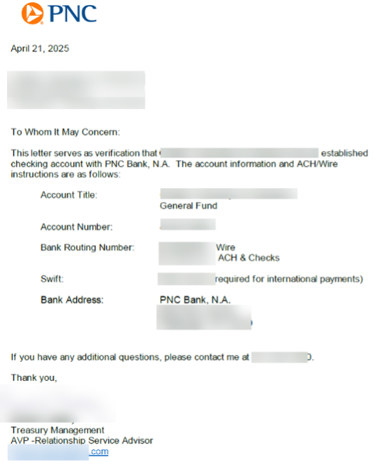 An example of a bank verification letter, which provides the full bank account and routing numbers