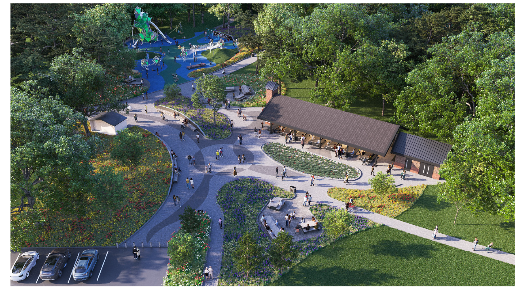 Aerial view of the Oak Park Woods at Shepherd Park 3D rendering.