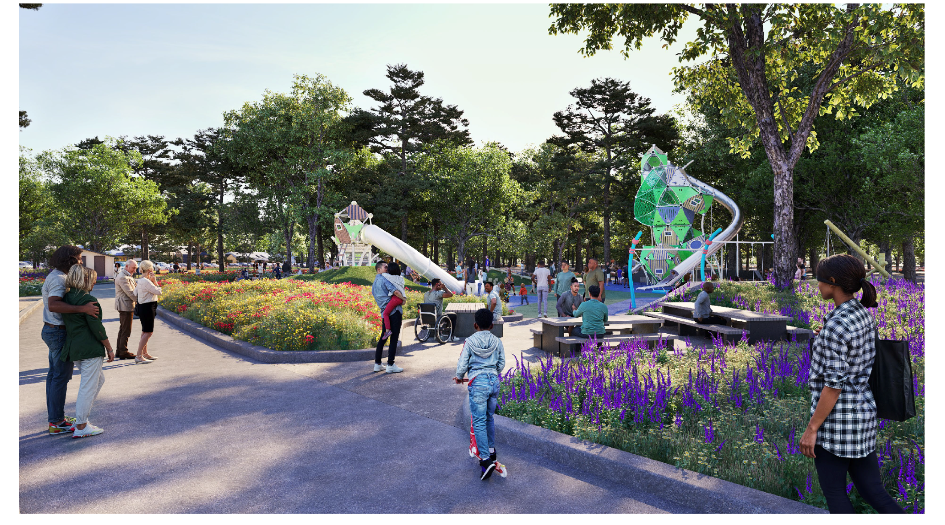 Oak Park Woods at Shepherd Park 3D rendering of people and new playground.