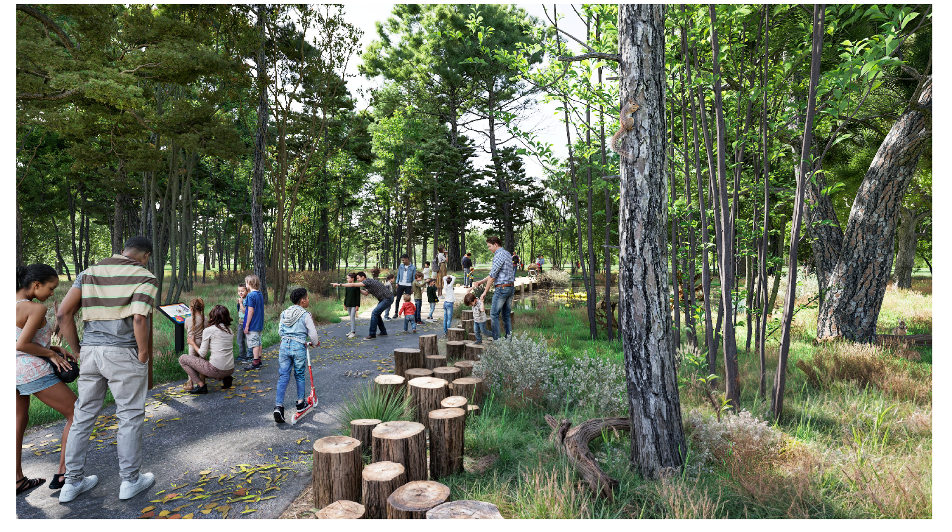 3D rendering of Oak Park Woods at Shepherd Park with people and the new park walking trail.