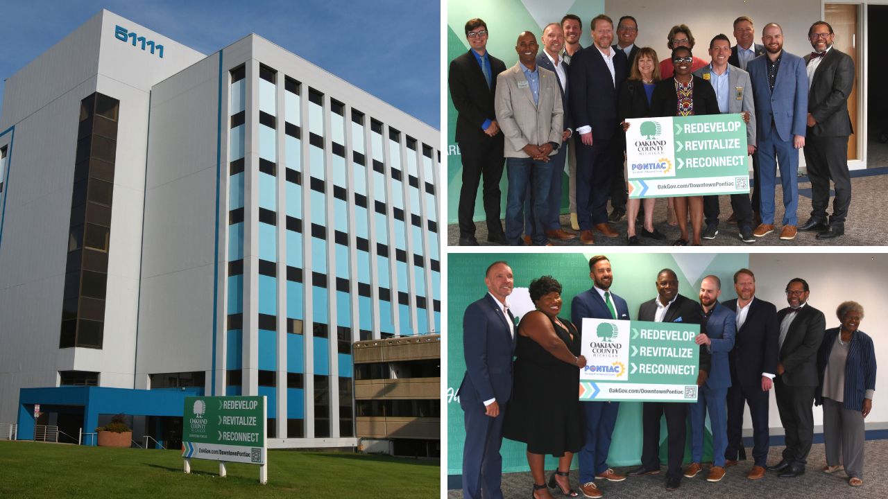 TOP: Oakland County Board of Commisioners, Executive Coulter and Sen. Carter representative Werheimer pose with Revelopment, Revitalize and Reconnect Pontiac signange. BOTTOM: Pontiac City Council pose with signage with Executive Coulter and Sen. Moss.