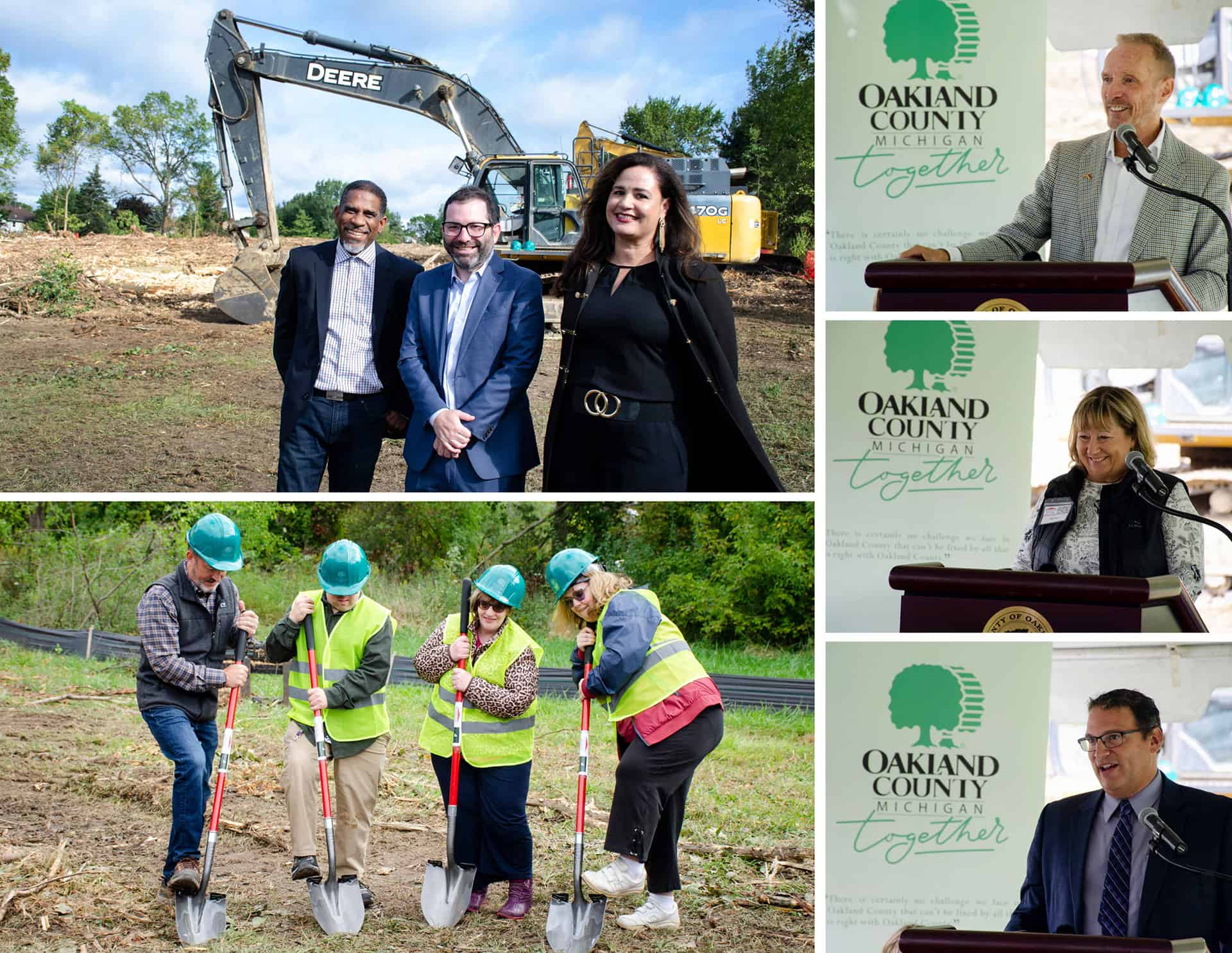 Three people stand smiling at a construction site with an excavator. Side panels show speakers at a podium and people with shovels for a groundbreaking ceremony.