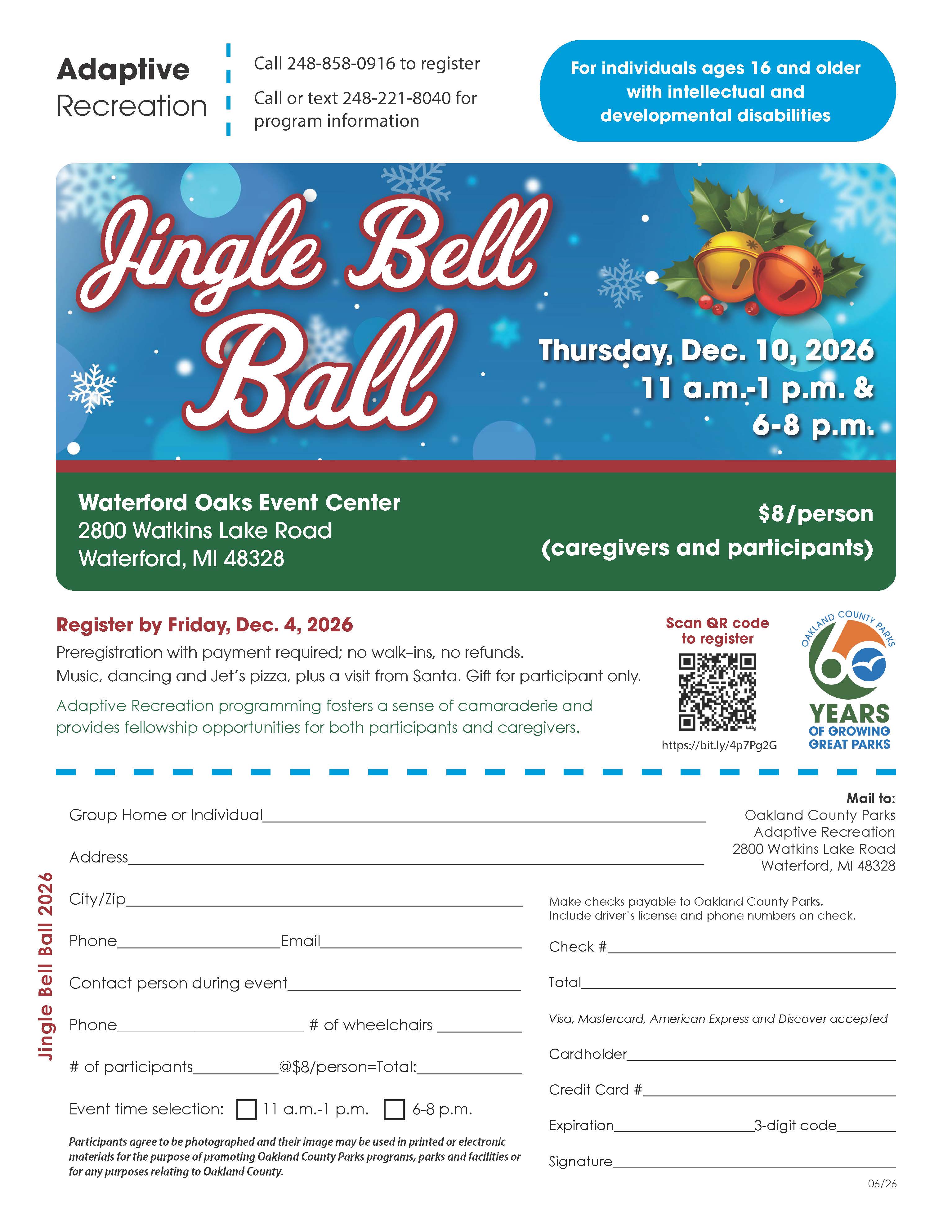 Jingle bell ball flyer 2026 Event flyer for the Jingle Bell Ball being held from 11 a.m.-1 p.m. or 6-8 p.m. Dec. 10 at the Waterford Oaks Event Center.