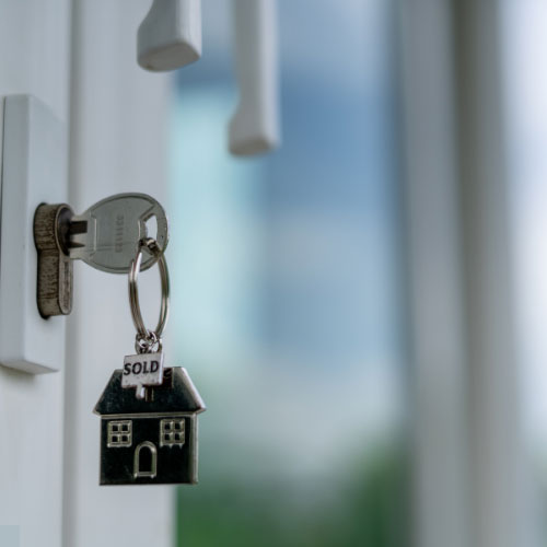 A key in a home front door that is open with the outside showing.